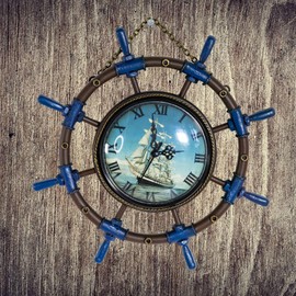 YCHTEWY-Metal Ship Steering Wheel Boat Rudder Art Wall Decoration Hanging Type Clock, Battery Operated Creative Home Decoration Gift for Living Room Bedroom Office (C)