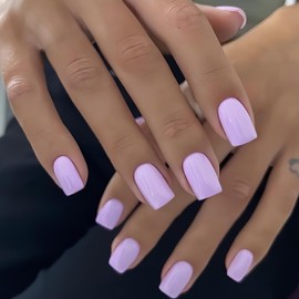 SXVME Light Purple Press on Nails Short Medium Square, Short False Nails Coffin, Glossy Solid Pastel Lavender Fake Nails Set,Natural Fit, Reusable Soft Gel Stick on Nail for Women, in 24 Pcs