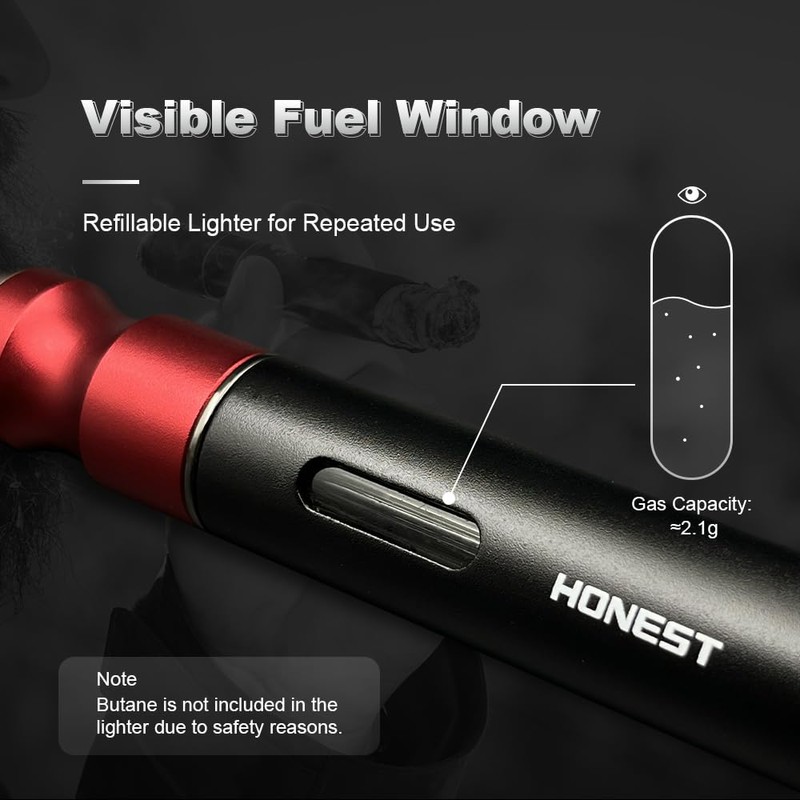 Butane Cigar Torch Lighter with Fuel Window Powerful Jet Flame