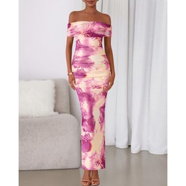 BTFBM Off Shoulder Bodycon Dresses for Women 2025 Summer Ruched Split Mesh Cocktail Party Club Floral Maxi Dress(Floral Purple, Medium)