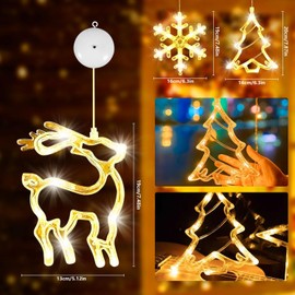 Pack of 3 Warm White Christmas Decoration, Christmas Tree, Deer, Snowflake, Christmas Decoration, Reusable Christmas Decoration with Suction Cups, for Christmas Decoration, Indoor Window Decoration,