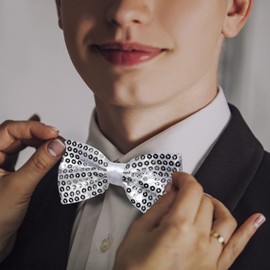 Mantieqingway Sequin Bow Ties for Men/Big Boys Pre-tied Adjustable Shiny Bow Tie Tuxedo Bowties for Banquet Party Wedding, White, Medium