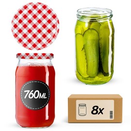KADAX Preserving Jars 760 ml with fi82 mm Screw Lids, Screw Jars, Large Jars with Twist Off Lid, Preserving Jars for Cucumbers, Preserving Jars, Preserving Jars (Red Checked, Pack of 8)