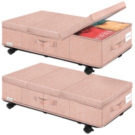 Supowin Under Bed Storage with Wheels, Rolling Underbed Storage Containers with Lids, Under Bed Shoe Storage Bins Organizer with Reinforced Metal Bottom Support and Three Handles, 2 Pack Pink