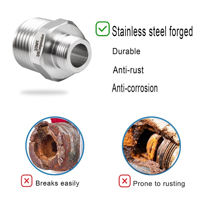 1/2 to 3/8 Water Line Adapter, 304 Stainless Steel Compression