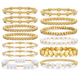 KISS WIFE Gold Bracelets for Women Gold Bracelet Stack Pearl Beaded Bracelets for Women Strand Bead Ball Stretchable Elastic Bracelet Set Adjustable Fashion Accessories Jewelry for Gifts