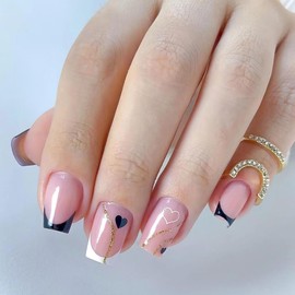 French Tip Press on Nails Medium Square Fake Nails with Gold Glitter Line Heart Design Glossy Coffin Nails Full Cover Black White Nail Tips Glue on Nails Artificial Acrylic False Nails Valentine's Day