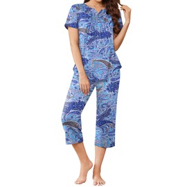 Ekouaer Womens Pajama Sets Ruffle Short Sleeve Sleepwear Top and Capri Pants Pjs Set Comfy 2 Piece Lounge Set,Cashew Navy Blue,S