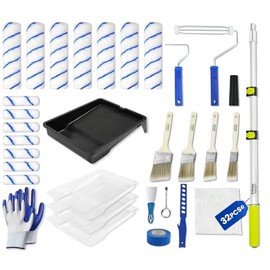 32PCS Paint Roller Kit with Extension Pole - 2 to 4 FT Pole, 4 inch 9 inch Paint Rollers, Paint Brushes for Walls, Painters Tape & Drop Cloth, Microfiber Roller Covers for Professional Painting