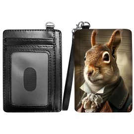 RWUTYTIUL Squirrel Slim Minimalist Wallet with Lanyard Strap, PU Leather Front Pocket Wallet RFID Blocking Credit Card Holder Card Cases with ID Window for Man Woman Boy Girl