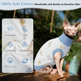 QBLEEV Sphynx Cat Clothes, Stretchy Hairless Cat Shirts, Cotton Pet Vest with Cute Print - Soft Turtleneck Kitten Sweaters for Cornish, Pullover Devon Rex Outfit Clothing for Indoor and Outdoor Wear