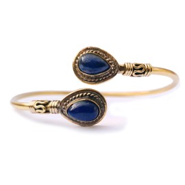 Adjustable Brass Cuff Bracelet with Pear Shaped gemstone, Ethnic Jewelry (Lapis lazuli)