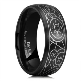 King Will Men's Stainless Steel Wedding Band - 8mm Black Promise Ring with Laser Engraved Chinese Five Elements Design(Wuxing), Unique Design Wedding Band Ring Comfort Fit Size 10