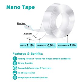 funlifego Nano Double Sided Tape Heavy Duty (16.4FT), Multipurpose Strong Adhesive Mounting Tape, Removable Washable Transparent Poster Wall Strips for Carpet, Photo Frame, Home, Office Decor