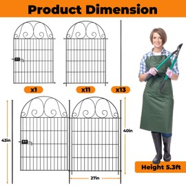 12 Pcs Tall Garden Fence with Gate,40in H x 27in L,Arched Decorative Garden Fence Animal Barrier, No Dig Rustproof,Metal Dog Fence Outdoor for Yard,Flower Bed & Outdoor Border