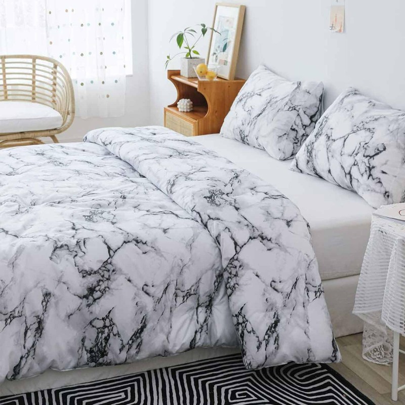 ETDIFFE King Size White Black Marble Comforter Set, 3pc Gray