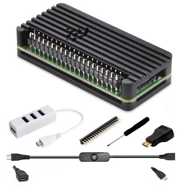 Raspberry Pi Zero Case Kit, iUniker Pi Zero Aluminum Passive Case with Pin Header, OTG Hub, HDMI Adapter, on/Off Switch Cable for Pi Zero 2 w