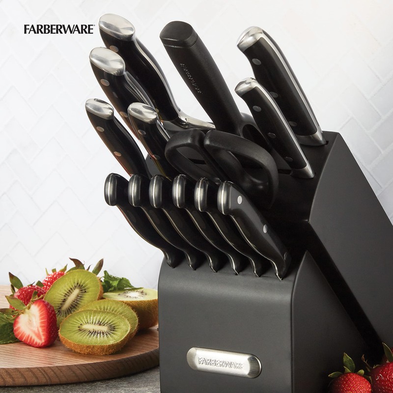 Farberware 15-Piece Forged Triple Riveted Knife Block Set, High Carbon-Stainless