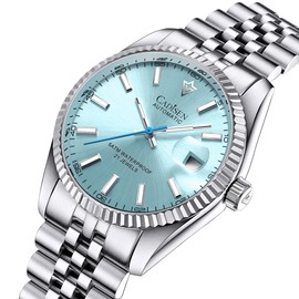 CADISEN Automatic Watches Men's Mechanical MIYOTA 8215 Business Waterproof Wristwatch, light blue, 经典