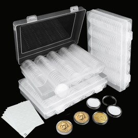 300PCS Coin Capsules Holder (17/20/25/27/30mm) Silver Dollar Coin Holder Clear Plastic Coin Storage Box with Protect Gasket, Round Coin Storage Case for Coin Collection Supplies with Foam Gasket