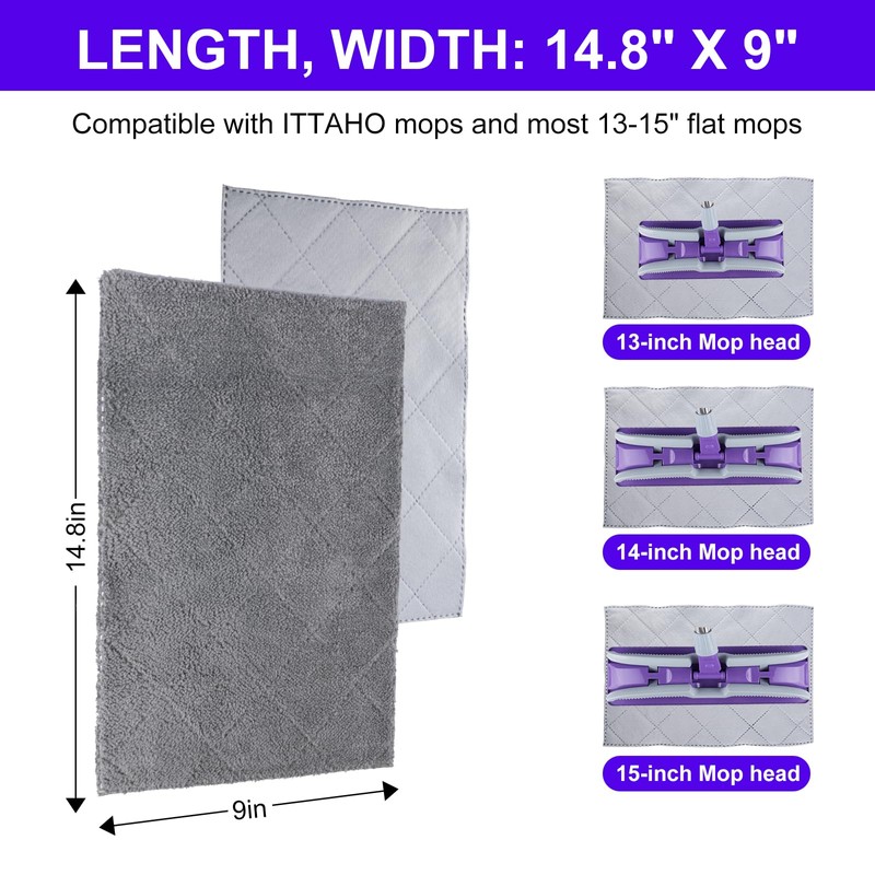3-Pack Microfiber Mops Refill Pads for 14 Inch Mop (Gray)