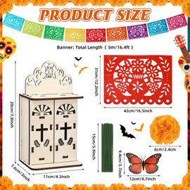 Suncalla 52 Pcs Dia De Los Muertos Decorations Set 1 Wooden Day of The Dead Ofrenda Shadow Box 9 Papel Picado Banners 30 Marigold Flowers and Stems 12 Monarch Butterfly for Ofrenda Altar Decor