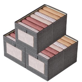Ruucy 3 Pack Foldable Storage Box, Wardrobe Storage Boxes With Clear Window, Fabric Storage Basket, Clothes Organiser for Wardrobe, Shelves, Toys (44x30x20 cm, Grey)