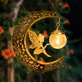 Solar Garden Statues Outdoor Decor, Fairy Moon Figurine Light Stake, Housewarming Ornament for Patio, Lawn, Yard, Pathway - Unique Gift Ideas for Gardening Mom Grandma