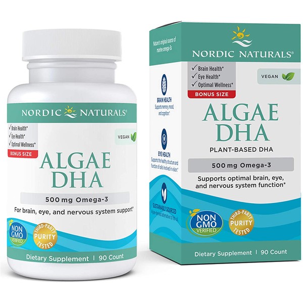 Nordic Naturals Algae DHA - 500 mg Omega-3 DHA - 90 Soft Gels - Certified Vegan Algae Oil - Plant-Based DHA - Brain, Eye & Nervous System Support - Non-GMO - 45 Servings