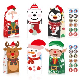 Tikitup Christmas Treat Bags,24 Pack 6 Different Design Xmas Candy Bags,24 Pcs Christmas Stickers,Christmas Goodie Bag Party Supplies for Classrooms, Party Favors, Kraft Holiday Goody