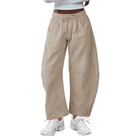 Hongsui Women's Barrel Leg Pants Elasticated Waistband Soft Wide Leg Pants with Pockets Casual Sweatpants (Khaki-S)