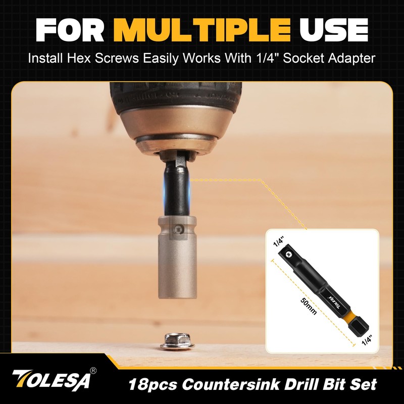TOLESA Countersink Drill Bit Set, 18 PCS Tapered Counter Sink