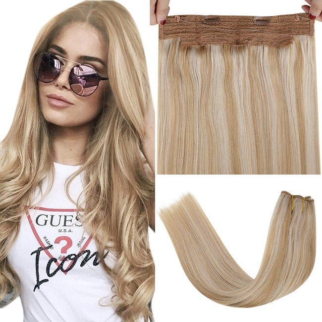 LaaVoo Halo Hair Extensions Highlight Halo Wire Hair Extensions Thick Halo Blonde Human Hair Extensions Highlight Ash Blonde and Lightest Blonde Remy Human Hair Halo Extensions Silky Straight 80g 16in