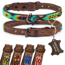 ALTEZAR Leather Dog Collar - Double Tribal Embroidered Green Brown - High-Quality Dog Collar - Handmade in Mexico - Size XS