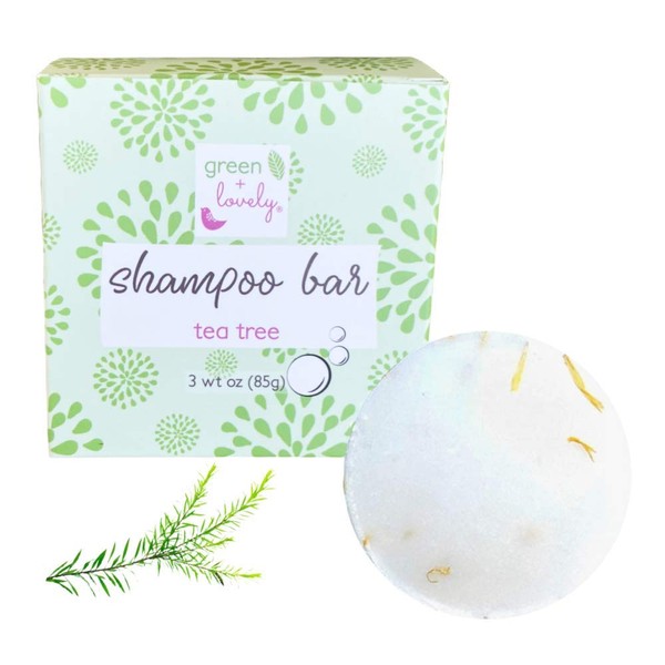 Green + Lovely Tea Tree Shampoo Bar for Hair, SLS Free, Sulfate Free Shampoo, Calendula Botanicals. Made with Natural and Organic Ingredients. Paraben Free.
