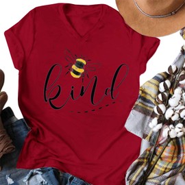Womens Be Kind Graphic Tees V Neck Cute Printed Summer Casual T Shirts Tops (Wine Red,Small)