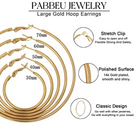 PABBEU 5Pairs Gold Hoop Earrings Large 316L Stainless Steel Earrings Lightweight 14K Gold Plated Earrings Hypoallergenic Big Thin Gold Earrings for Women Girls Boucle Doreille Femme 30/40/50/60/70mm