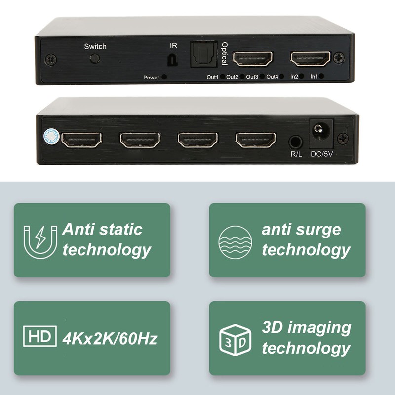 4K HD Multimedia Interface Switch Splitter 2 in 4 Out