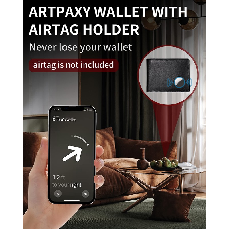 Wallet with AirTag Holder - Bifold Genuine Leather RFID Blocking