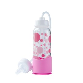 Hands-Free Baby Bottle - Anti-Colic Nursing System 7 oz Glass Baby Bottle with Fast Flow Nipple/Teat 3m+ with Tube Straw Feeding System for Toddler (1 Bottle - Pink)