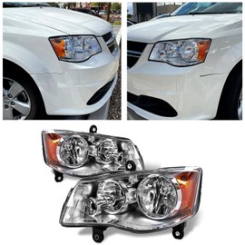 HECASA Pair Headlight Headlamp Chrome Housing Clear Lens Compatible With 2011-2019 Dodge Grand Caravan 4-Door Van 2008-2016 Chrysler Town & Country Left & Right Replacement For 68206500AC