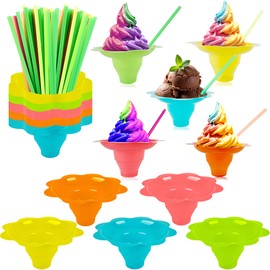 Medanera 200 Pcs Snow Cone Cups with Spoon Straws 8oz Colorful Flower Shaved Snack Ice Cream Bowls for Kids Plastic Ice Drip for Holiday Summer Cookout Birthday Party