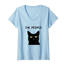 Womens Ew, People I Hate People Funny Black Cat Yellow Eyes V-Neck T-Shirt