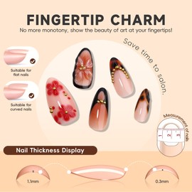 HOSAILY Medium Almond 3D Brown Gold Flower Press on Nails-‎ Tortoiseshell Leopard French Tip Blossom Gradient Design,24Pcs Handmade Fall/Autumn/New Year Glue on Acrylic Fake Nail Press ons for Women