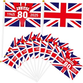 10Pcs Small VJ Day 80th Anniversary Flag on Sticks Flags,15th August VJ Day Hand Held Mini Stick Flag Decorations for 2025 80 Years Victory In Japan Decorations Hand Wave Flags Celebration
