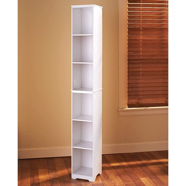 Slim Storage Tower with Six Shelves for Hallways, Closets and Bathrooms - White