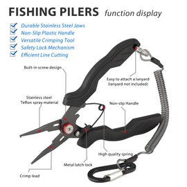 ReelFin Aluminum Fishing Pliers Hook Removal Line Cutting Mono Braid Fish Grip Multi-functional Hook Removal and Line Cutting Tool Saltwater and Freshwater (Black + Red)