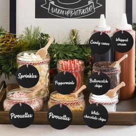 Layhit 12 Pcs Christmas Hot Cocoa Bar Decoration with Red and White Rope Wood Cocoa Bar Supplies Black Wooden Labels Tags Christmas Hot Chocolate Party Favor for Coffee Cup Office Table (Round)