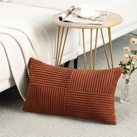 Fancy Homi Rust Long Lumbar Decorative Throw Pillow Covers 14x24 Inch for Bedroom Couch Bed, Rustic Farmhouse Boho Home Decor, Soft Striped Corduroy Rectangle Accent Terracotta Cushion Case 35x60 cm