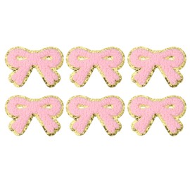 PATIKIL Bow Patches, 6 Pcs Chenille Iron on Patch Bow Embroidered Patch Sew on Patch Gold Edges for DIY Hat Jacket Clothing Bags DIY Decoration, Pink, 2.8" x 2"